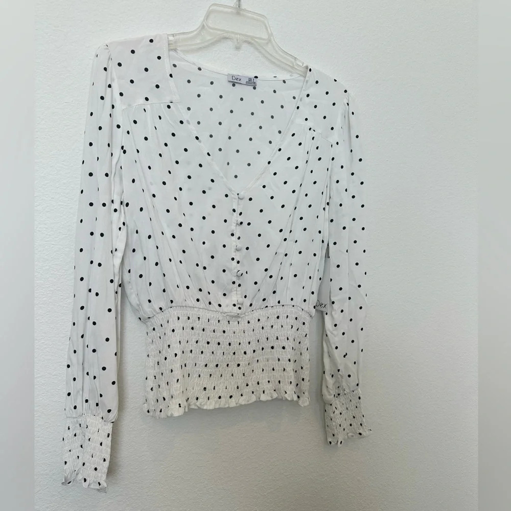 NWT Dex Polka‎ Dot Smocked Blouse Black and White Small - Picture 2 of 10